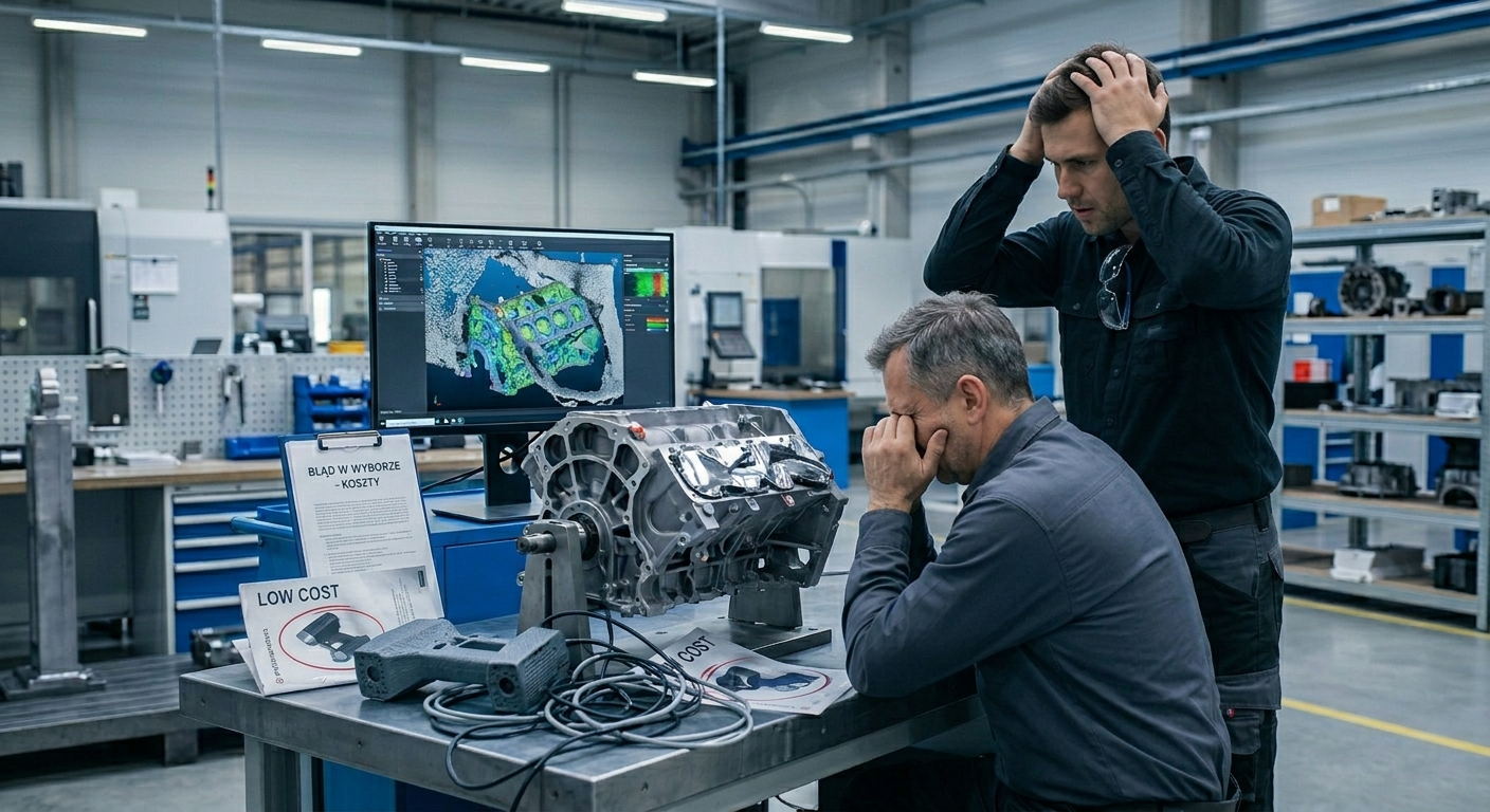 Dwóch inżynierów wykazujących frustrację z powodu błędnego wyboru taniego skanera 3D; na monitorze widoczny niskiej jakości, zaszumiony skan detalu silnika.