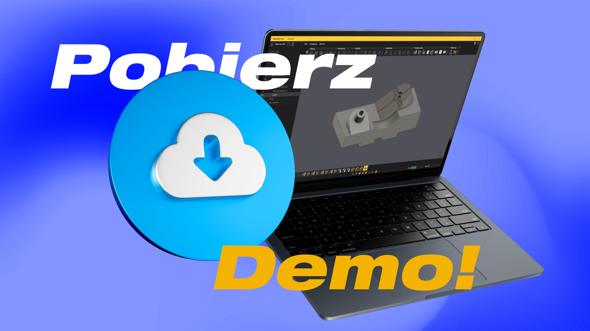Baner promujący darmowe demo Peel.CAD Pro: laptop z otwartym oprogramowaniem do inżynierii odwrotnej i niebieska ikona pobierania z chmury.
